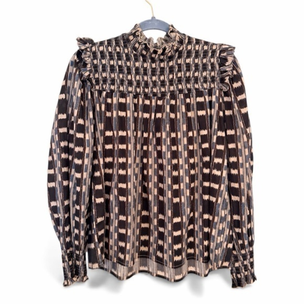 RO’S GARDEN S Oversized Gemma Woven Print Mock Neck Smocked Chest Plaid Blouse